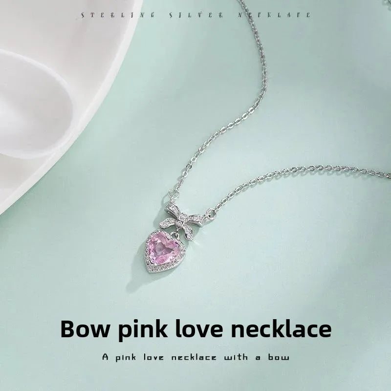Pink Heart Bow-Knot Zircon Pendant Necklace