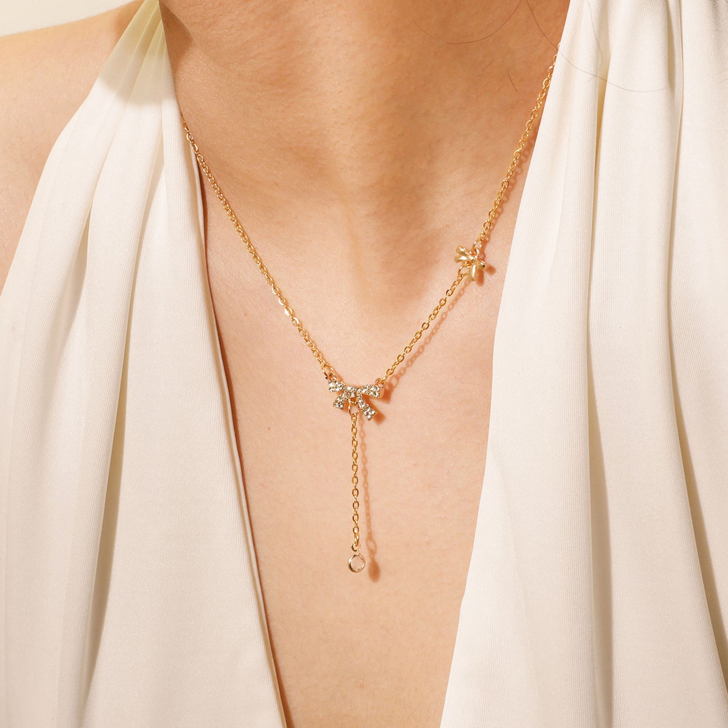 Double Bow-Knot Zircon Korean Pendant Necklace