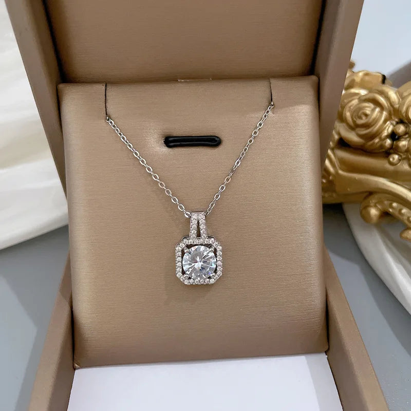 Diamond Square Platinum Plated Silver Zircon Pendant Necklace