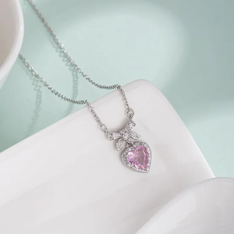 Pink Heart Bow-Knot Zircon Pendant Necklace