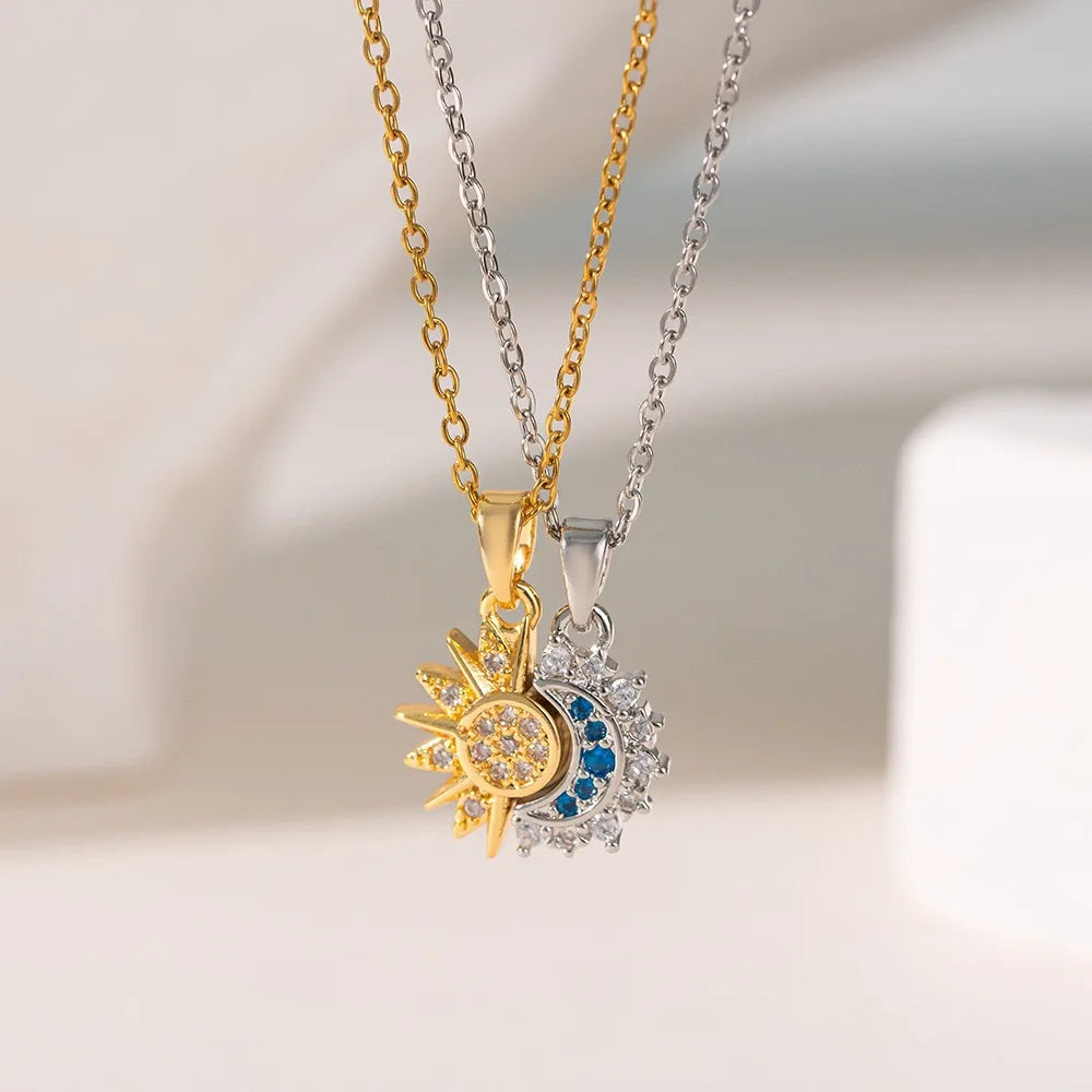 Vintage Sun and Moon Vintage Magnetic Zircon Pendant Necklace
