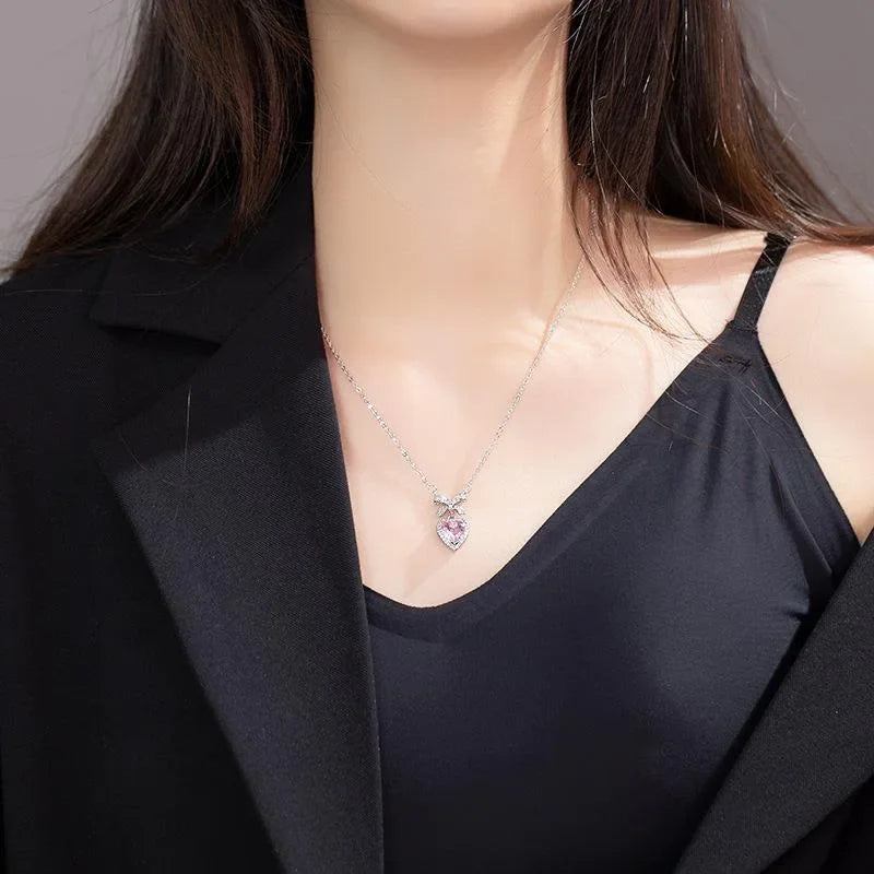 Pink Heart Bow-Knot Zircon Pendant Necklace