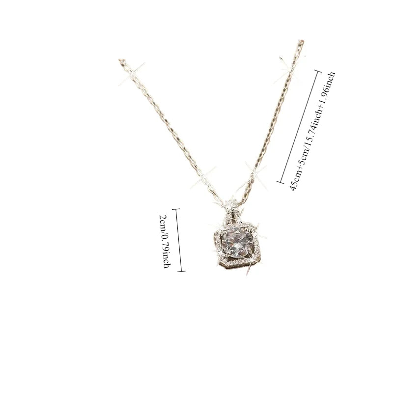 Diamond Square Platinum Plated Silver Zircon Pendant Necklace