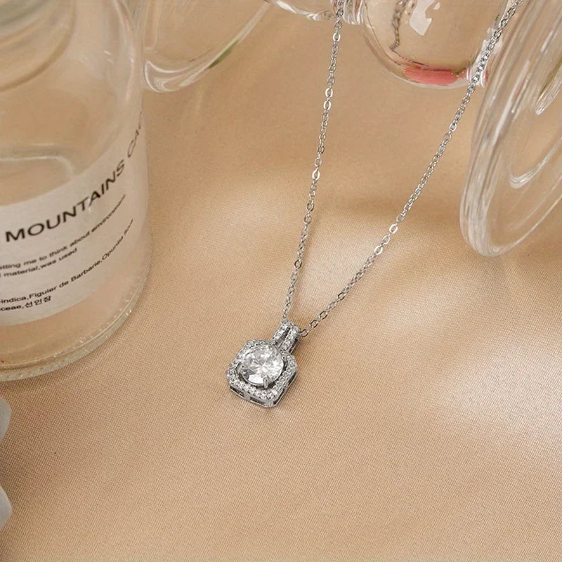 Diamond Square Platinum Plated Silver Zircon Pendant Necklace