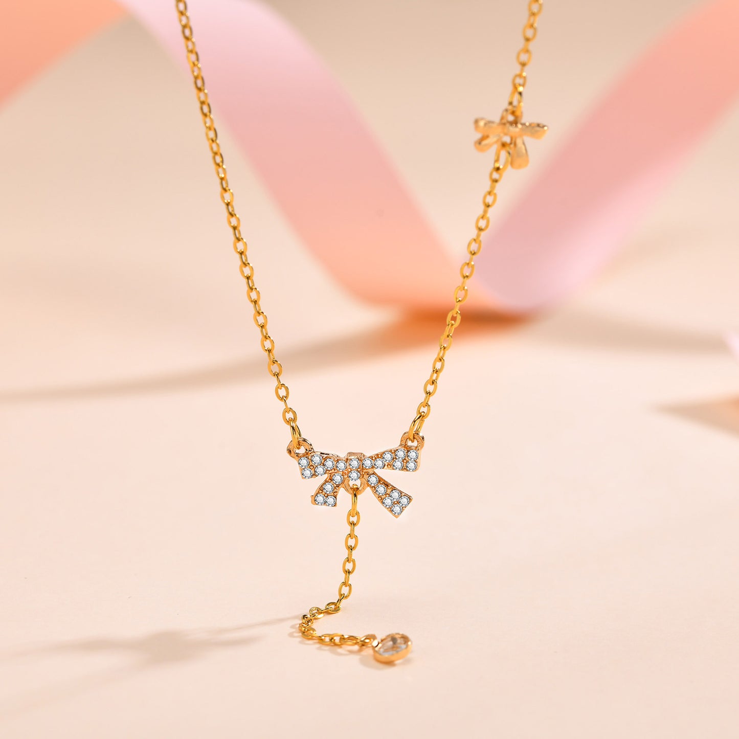 Double Bow-Knot Zircon Korean Pendant Necklace