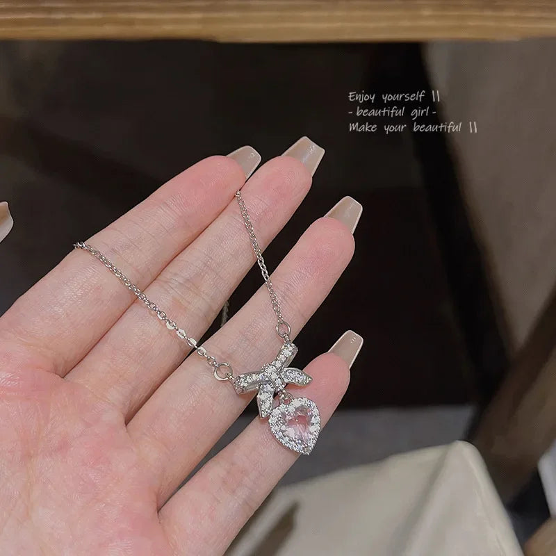 Pink Heart Bow-Knot Zircon Pendant Necklace