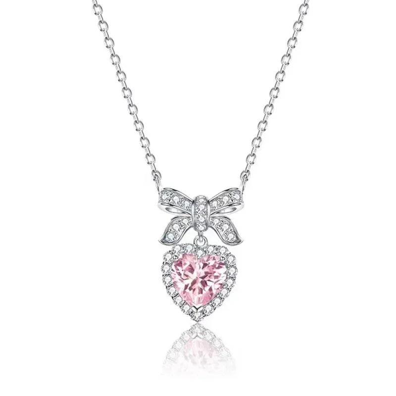 Pink Heart Bow-Knot Zircon Pendant Necklace