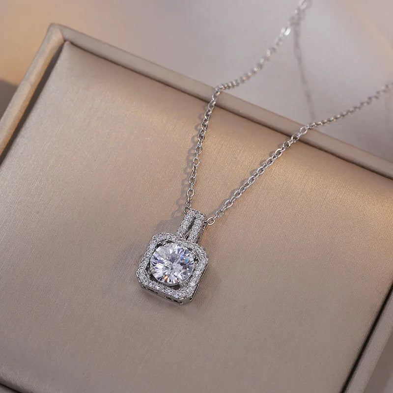 Diamond Square Platinum Plated Silver Zircon Pendant Necklace