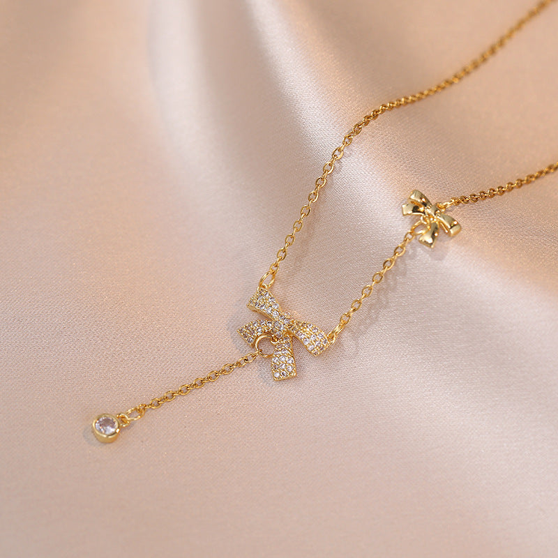 Double Bow-Knot Zircon Korean Pendant Necklace