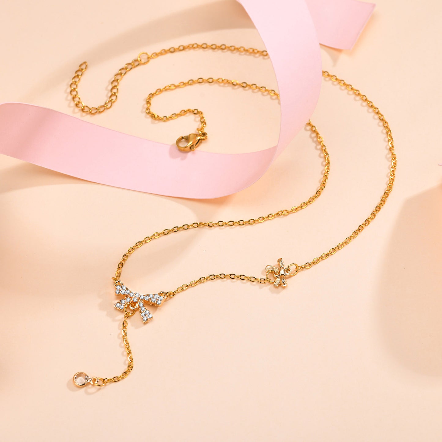 Double Bow-Knot Zircon Korean Pendant Necklace