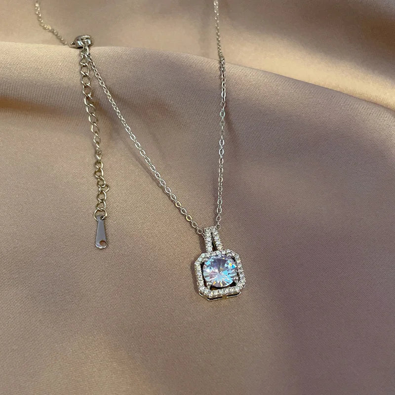 Diamond Square Platinum Plated Silver Zircon Pendant Necklace