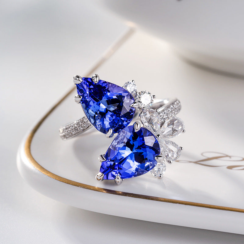 Sapphire Blue Teardrop Diamond With Micro Zircon Ring