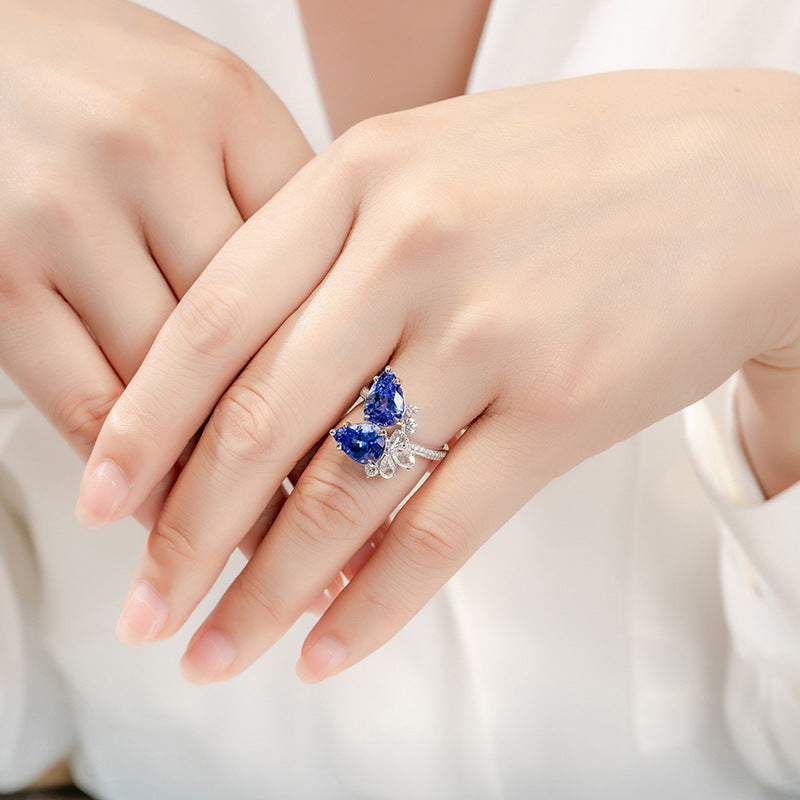 Sapphire Blue Teardrop Diamond With Micro Zircon Ring