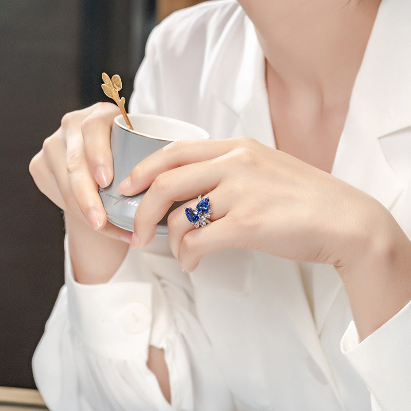 Sapphire Blue Teardrop Diamond With Micro Zircon Ring
