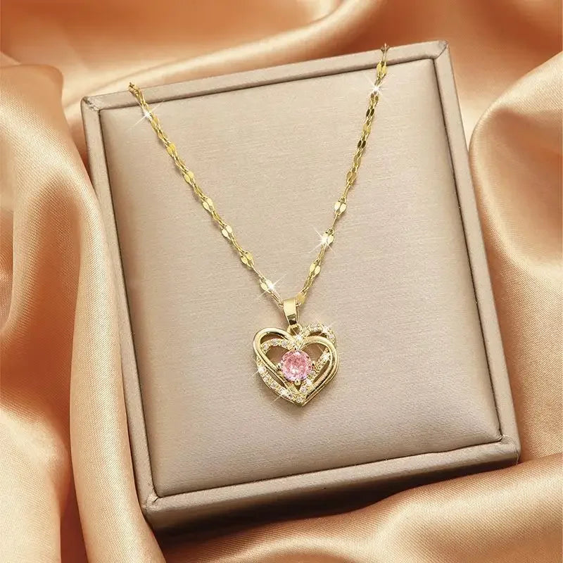 Love Bond Double Heart Pink Diamond Pendant Necklace
