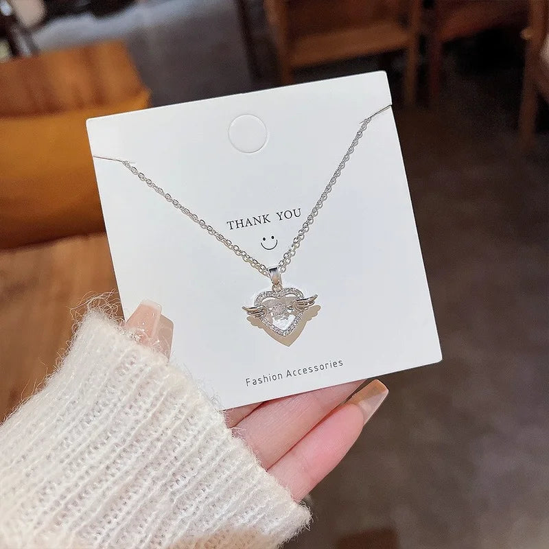 Heart Angel Wing Platinum Plated Zircon Pendant Necklace