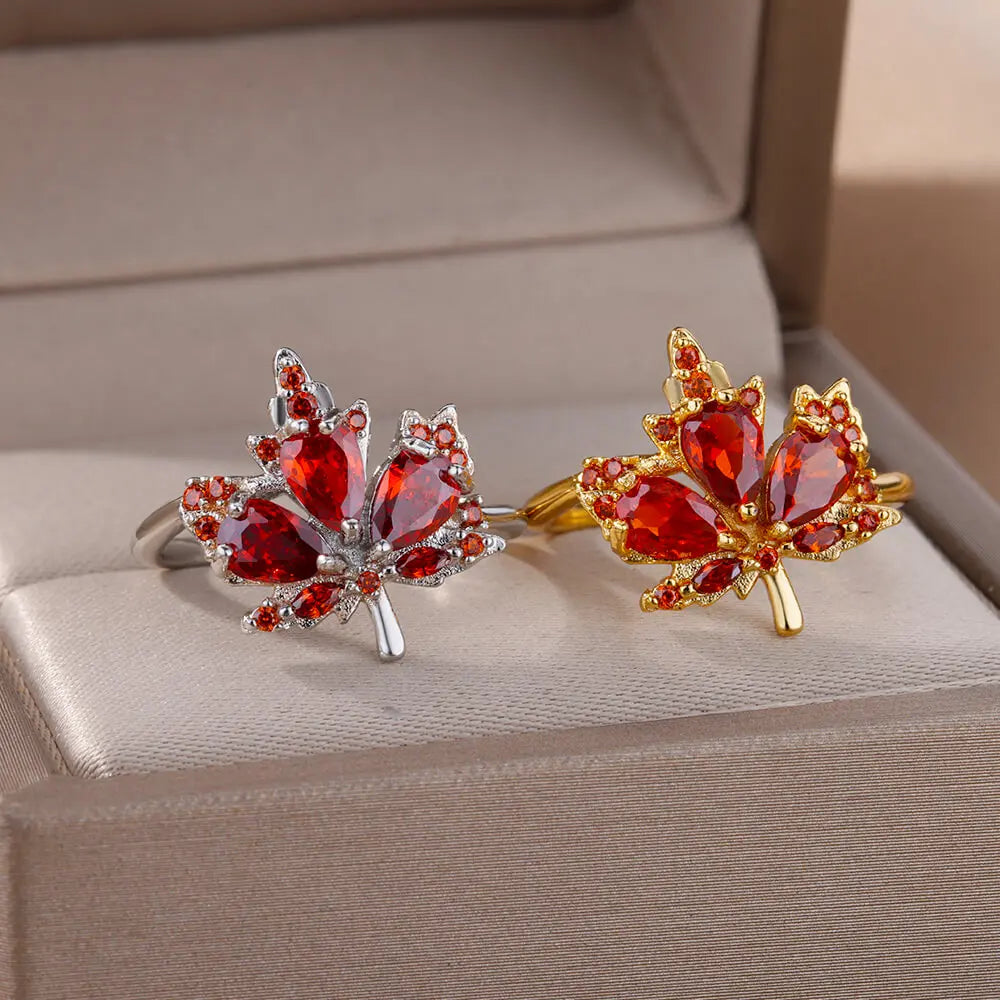 Red Maple Leaf Rings Adjustable