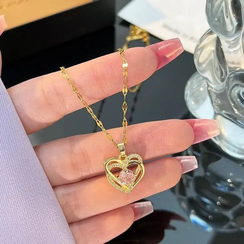 Love Bond Double Heart Pink Diamond Pendant Necklace