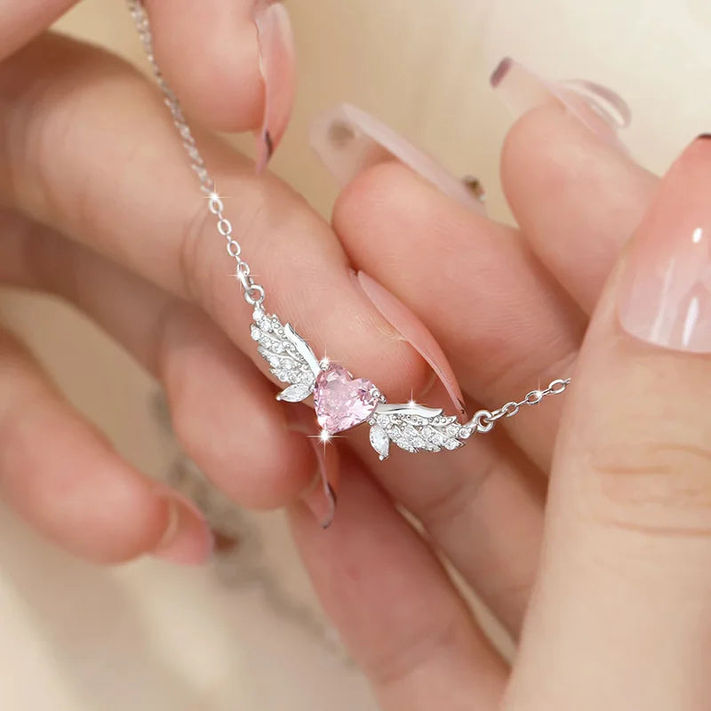 Hazel Fairy Wing Pink Heart Zircon Pendant Necklace