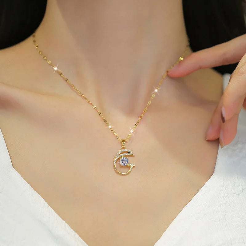 Diamond Dolphin Zircon Pendant Necklace