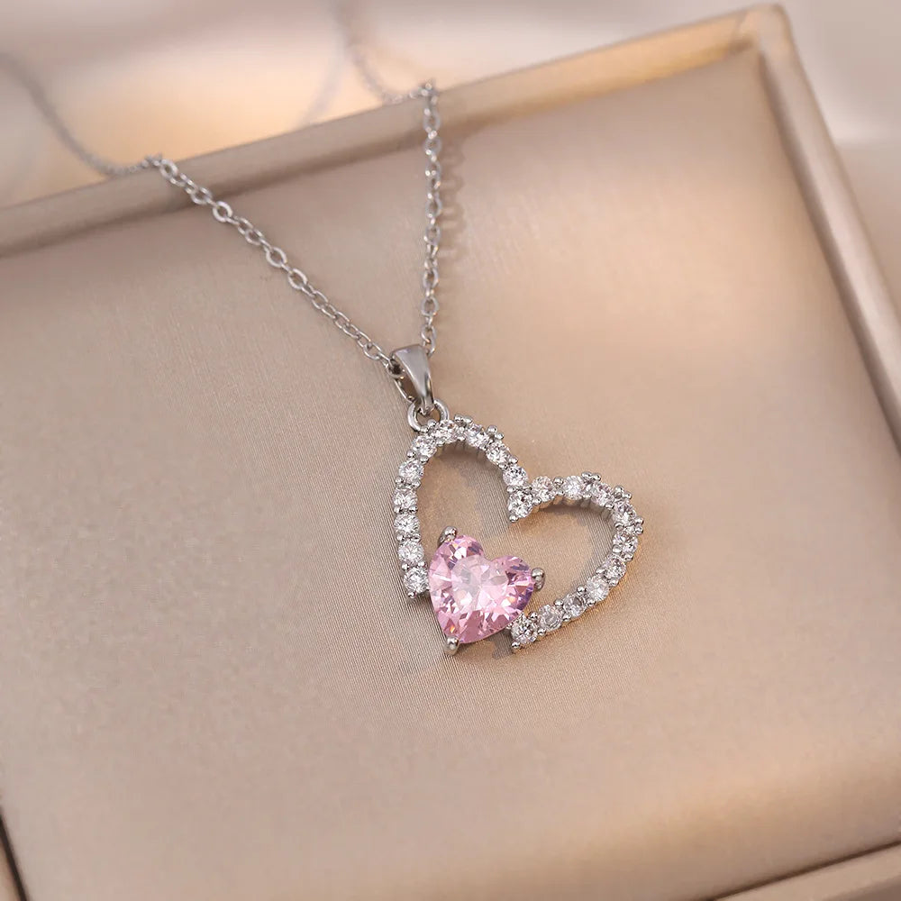 Better Half Pink Heart Zircon Korean Pendant Necklace