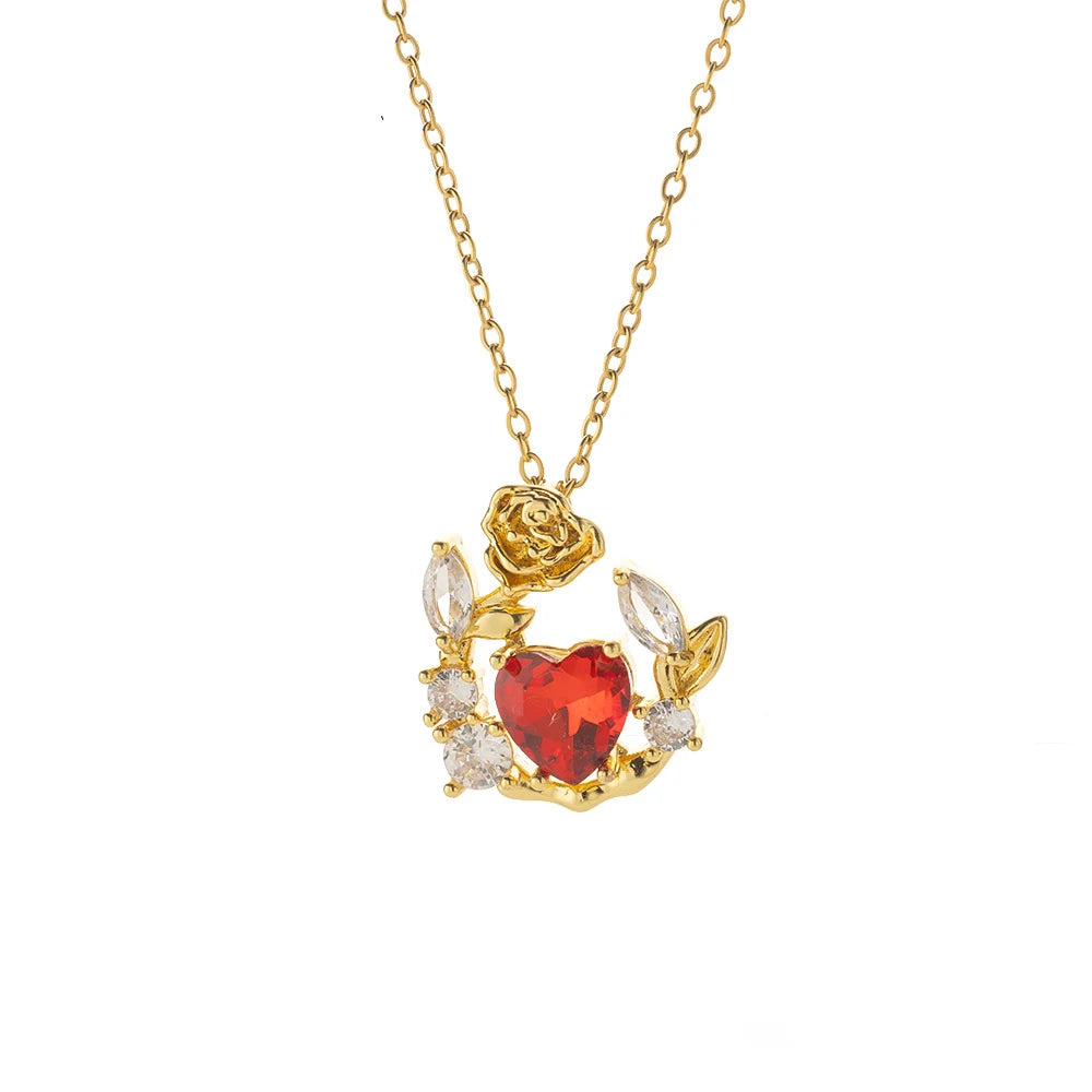 Red Diamond Heart Rose Zircon Pendant Necklace