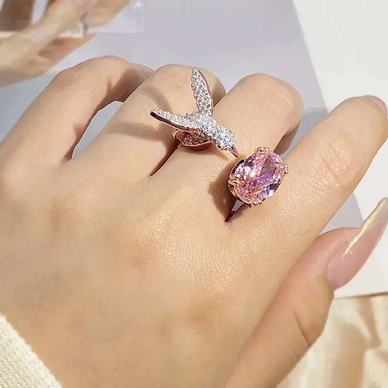 Gold Kingfisher Humming Bird Ring Pink Diamond