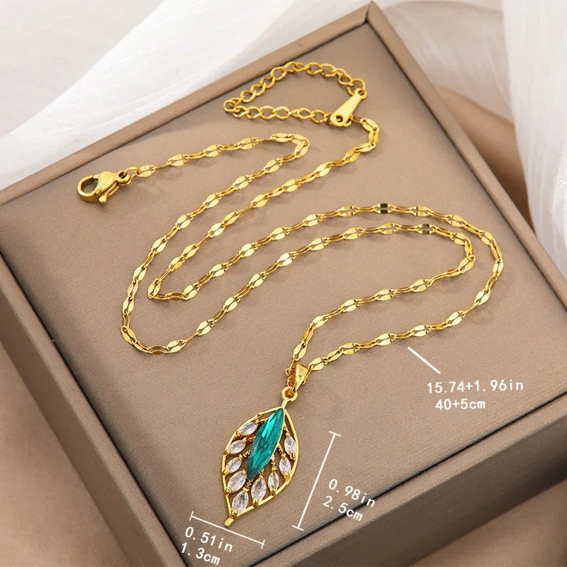 Green Palm Leaf Zircon Pendant Necklace