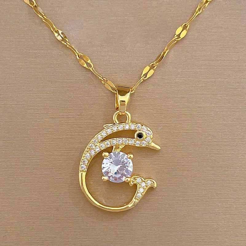 Diamond Dolphin Zircon Pendant Necklace