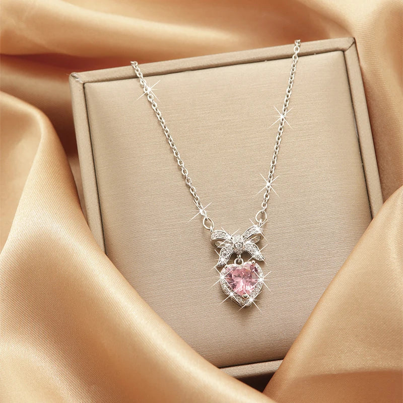 Pink Heart Bow-Knot Zircon Pendant Necklace