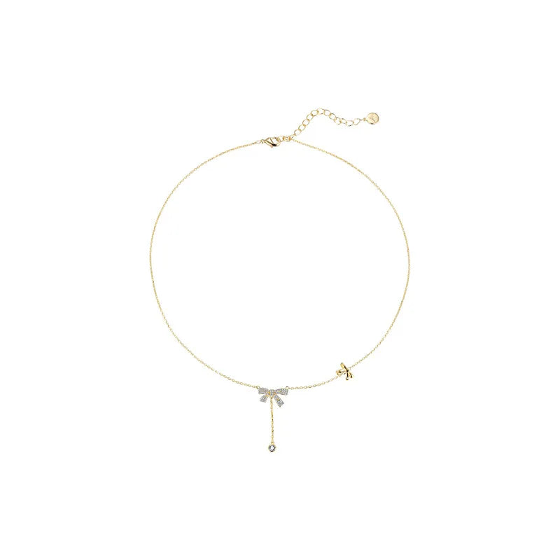 Double Bow-Knot Zircon Korean Pendant Necklace