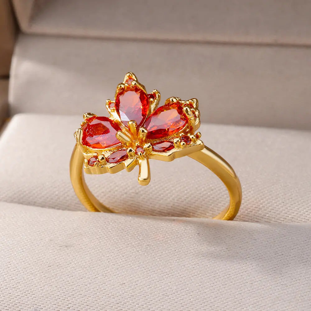 Red Maple Leaf Rings Adjustable