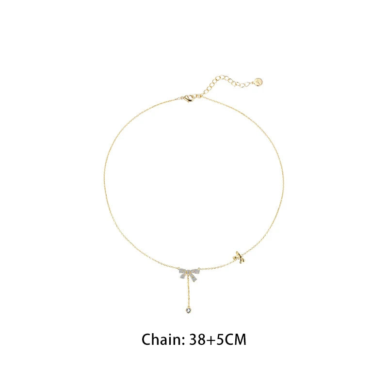 Double Bow-Knot Zircon Korean Pendant Necklace