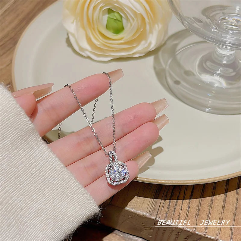 Diamond Square Platinum Plated Silver Zircon Pendant Necklace
