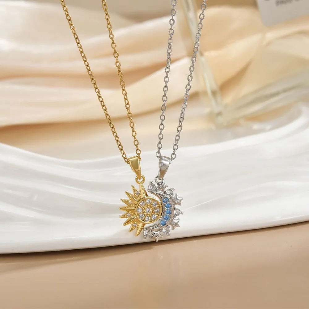 Vintage Sun and Moon Vintage Magnetic Zircon Pendant Necklace