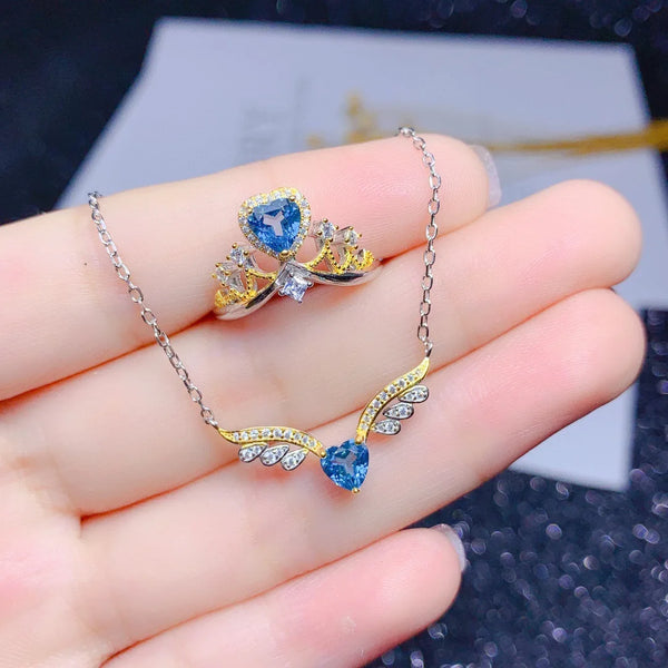 Sapphire Blue Angel Wing Necklace With Crown Ring Set Adjustable