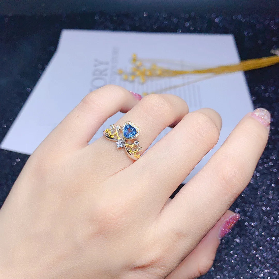 Sapphire Blue Angel Wing Necklace With Crown Ring Set Adjustable