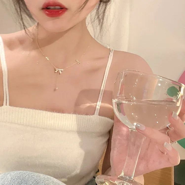 Double Bow-Knot Zircon Korean Pendant Necklace