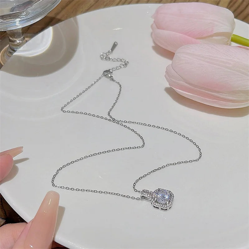 Diamond Square Platinum Plated Silver Zircon Pendant Necklace