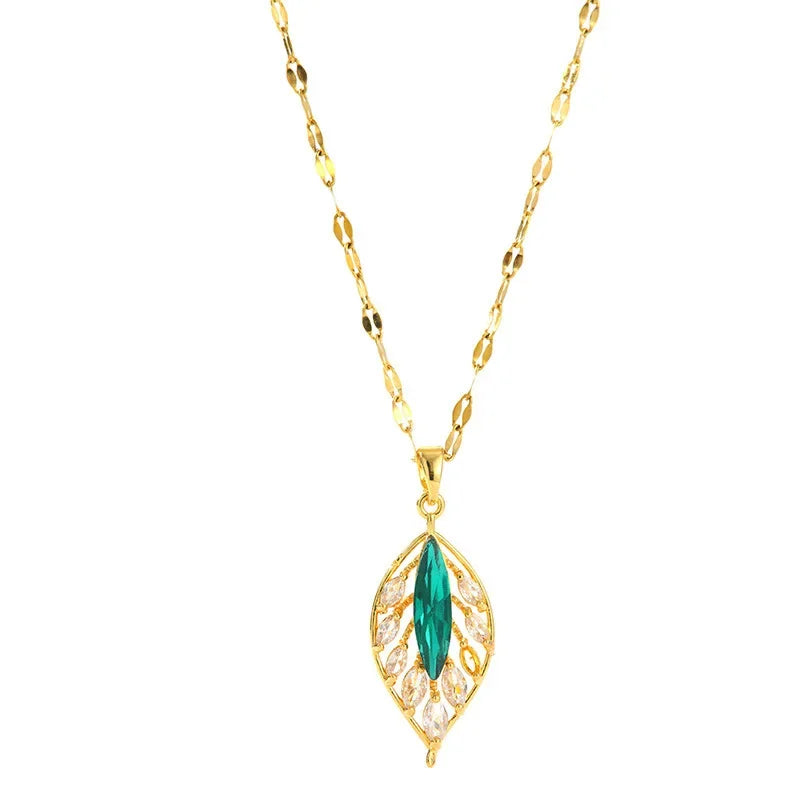 Green Palm Leaf Zircon Pendant Necklace
