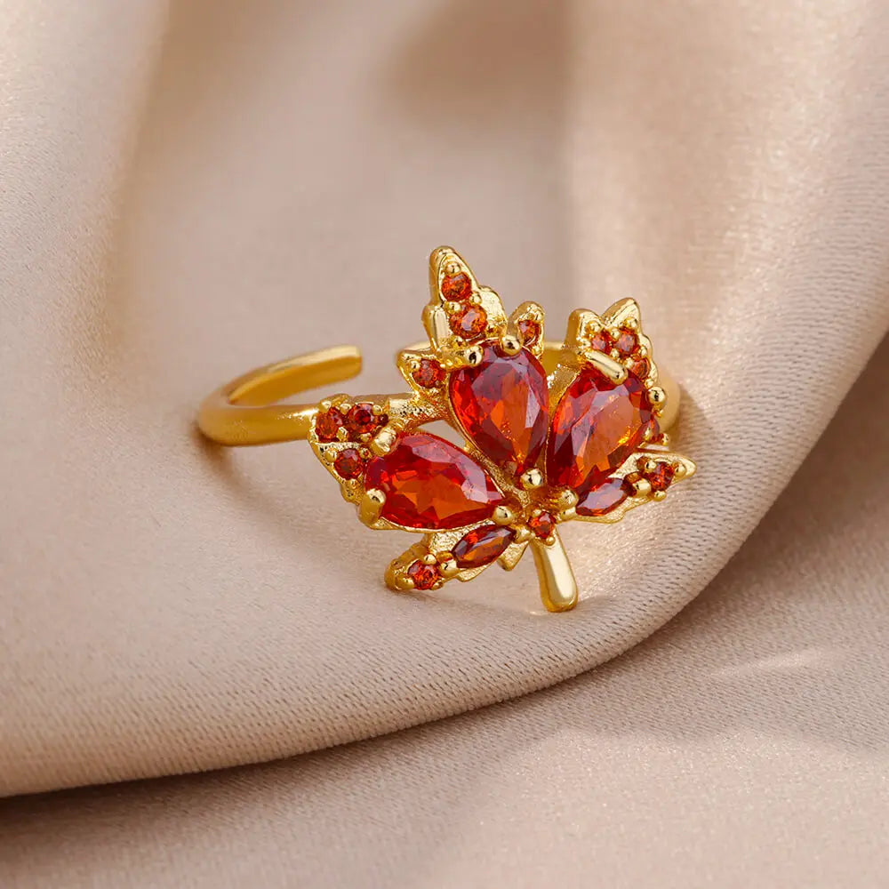 Red Maple Leaf Rings Adjustable