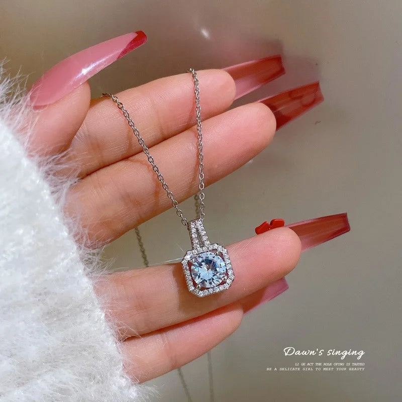 Diamond Square Platinum Plated Silver Zircon Pendant Necklace