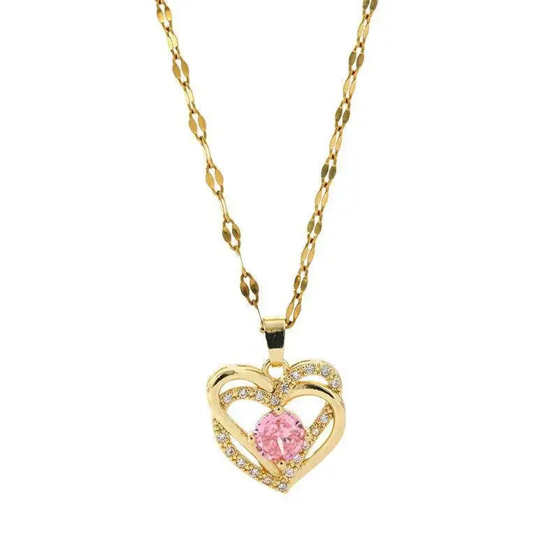 Love Bond Double Heart Pink Diamond Pendant Necklace