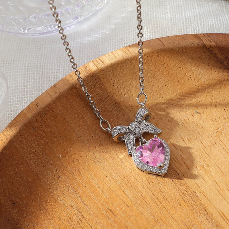 Pink Heart Bow-Knot Zircon Pendant Necklace