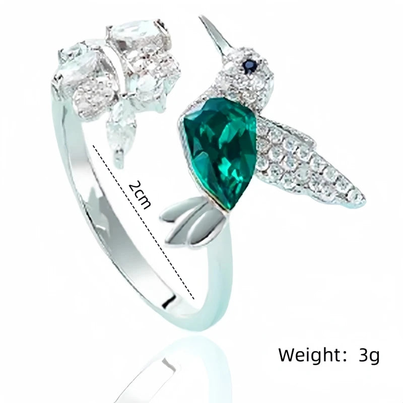 Kingfisher Novelty Humming Bird Crystal Wings Ring With Micro Zircon