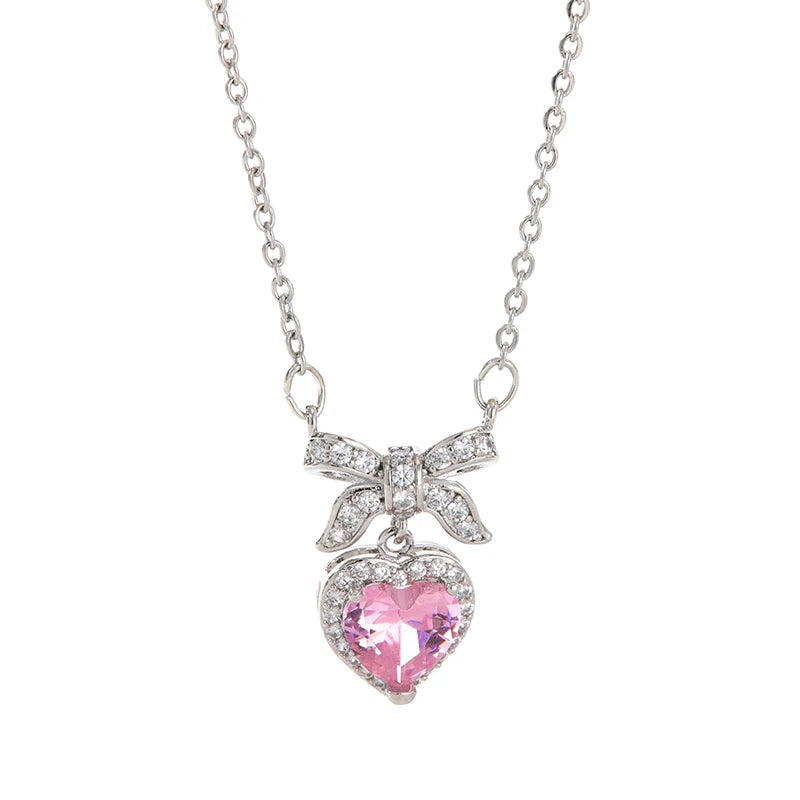 Pink Heart Bow-Knot Zircon Pendant Necklace