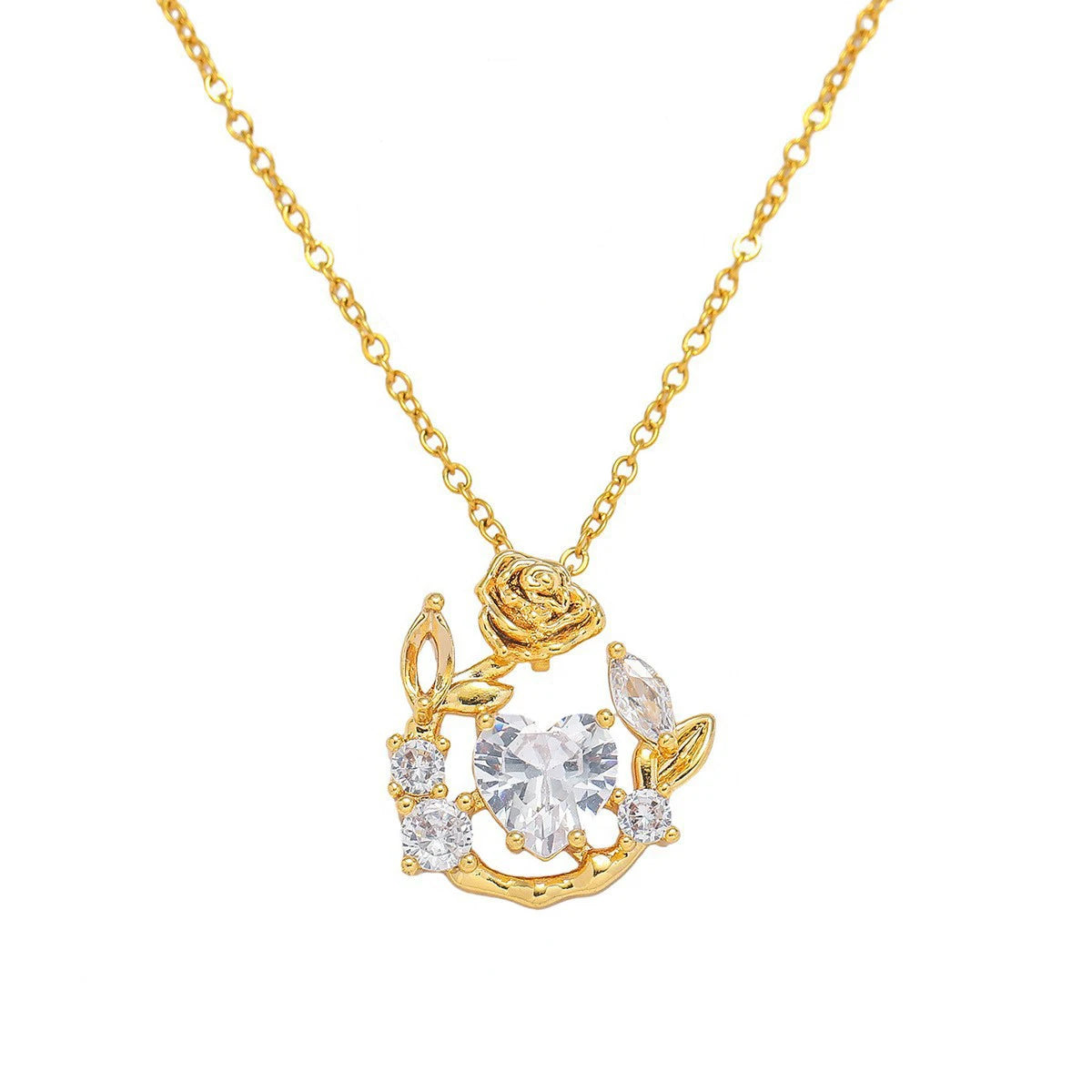 Red Diamond Heart Rose Zircon Pendant Necklace