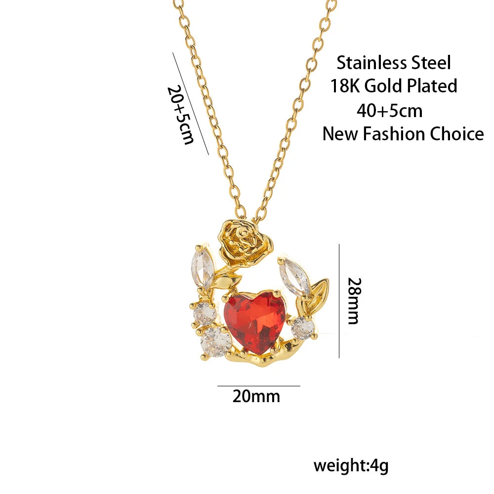 Red Diamond Heart Rose Zircon Pendant Necklace