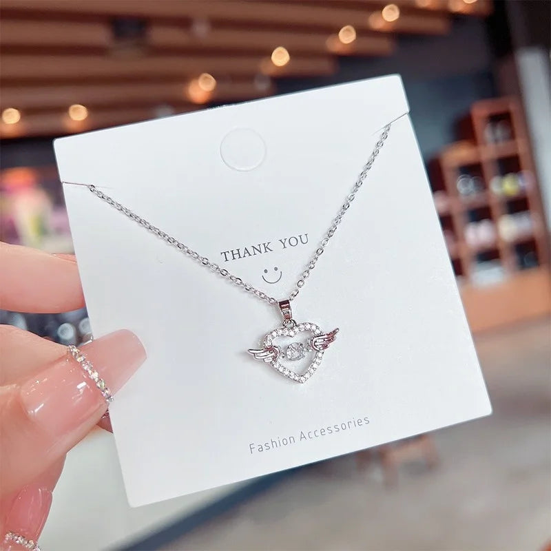 Heart Angel Wing Platinum Plated Zircon Pendant Necklace