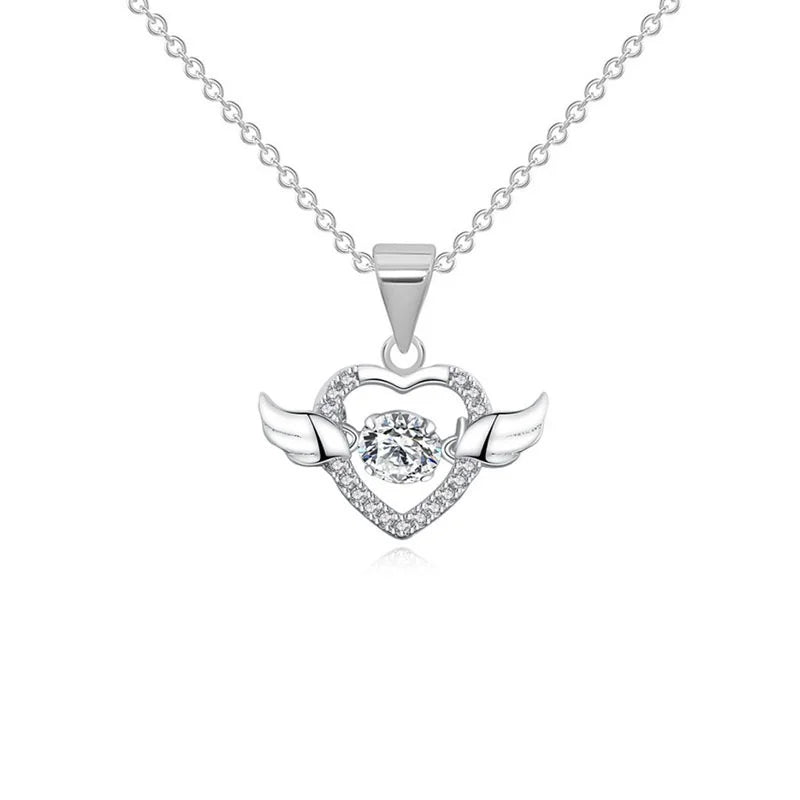 Heart Angel Wing Platinum Plated Zircon Pendant Necklace
